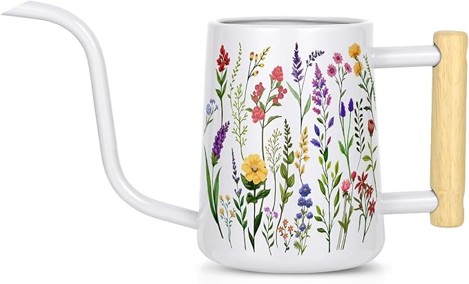 Watering Can Indoor Plants, 35 oz/1000 ml Metal Stainless Steel Watering Can Pot with Long Spout for Indoor House Plants Bonsai Outdoor Garden Flower Decorative White Flowers