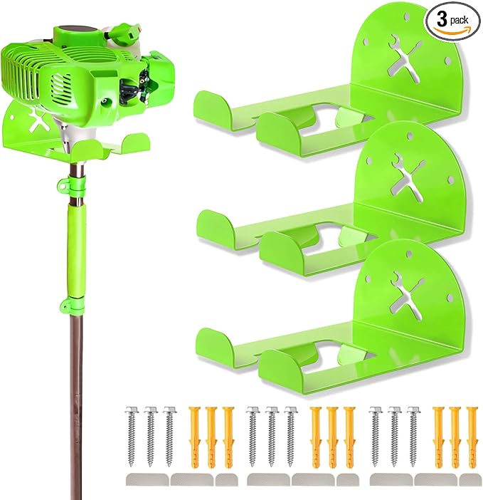 Upgraded Trimmer Rack Wall Mount - 8" Heavy Duty Weed Eater Hanger for Garage Wall, Garden Power Tool Holder Organizer Hooks for Grass Trimmer, Hedge Trimmer, Leaf Blower and Chainsaw, Green, 3 Pack