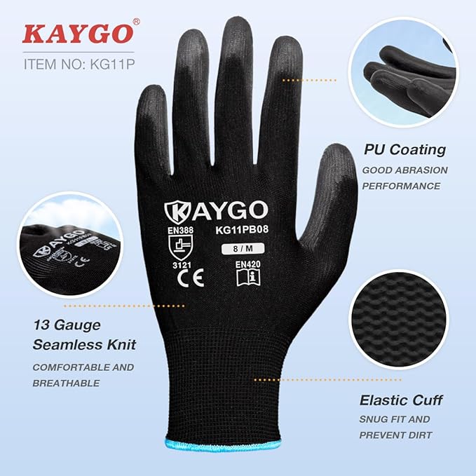 KAYGO Work Gloves for Men and Women,60 Pairs Seamless Knit PU Coated Safety Gloves, with Smooth Grip on Palm and Fingers, Ideal for Light Warehouse, Manufacturing, Gardening, KG11P (S, Black)