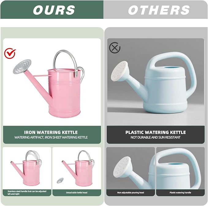 Metal Watering Can for Outdoor Plants, 1.7 Gallon Pink Garden Watering Can for Flower, Houseplants, Galvanized Finish