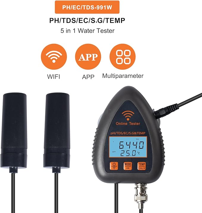 Soil PH Tester, Smart PH Meter TDS EC S.G Temp Water Quality Tester Online Aquarium Pool Hydroponics Data Logger Monitor, Garden, Plant Cultivation