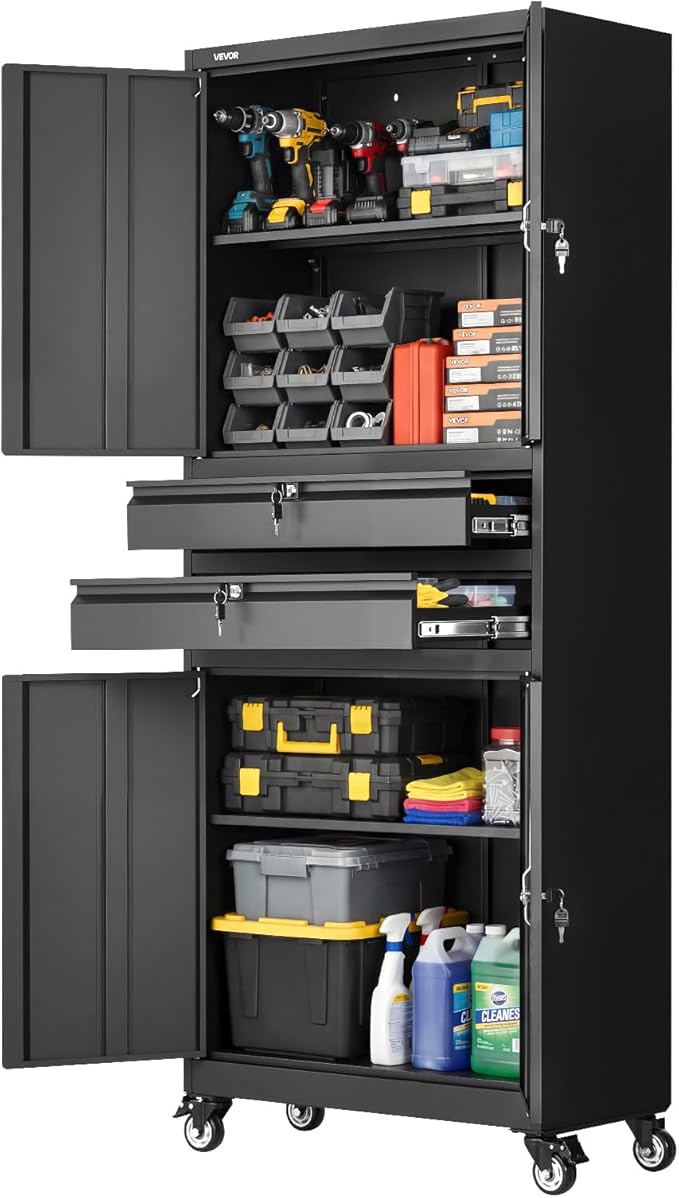 VEVOR Metal Storage Cabinet with Wheels, 180 lbs Shelf Load Capacity, 75" Tall Rolling Garage Tool Storage Cabinet with 4 Locking Doors and Adjustable Shelves, 2 Drawers, for Garage, Office, Home