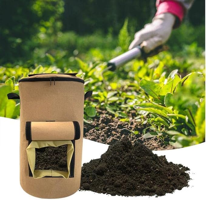 1PCS 33 Gallons Organic Compost Bag Home Garden Bag Leaf Bag Large Reuseable Heavy Duty Gardening Bags Non-Woven Foldable Garden Waste Compost Bag with Lid Handle Garden Leaf Compost Bins,Camel