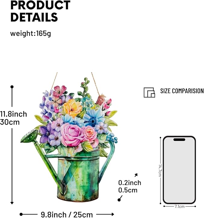 Quterhero Watering Can Flower Wall Decor, Metal Hanging Art for Indoor Outdoor Wall or Porch, Vintage Farmhouse Porch Decor Gift for Mom, Women, Friends(Cherry Blossom)