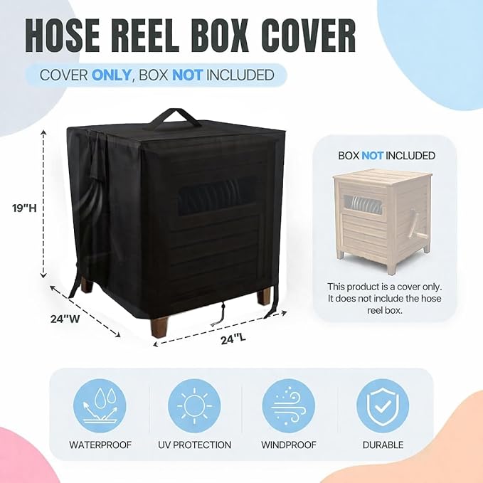 Hose Reel Box Cover,Waterproof Hoses Storage Boxes Covers for Metal Hose-Reel,Heavy Duty Garden Water Hose-Box Shield (24x24x19in,Black)