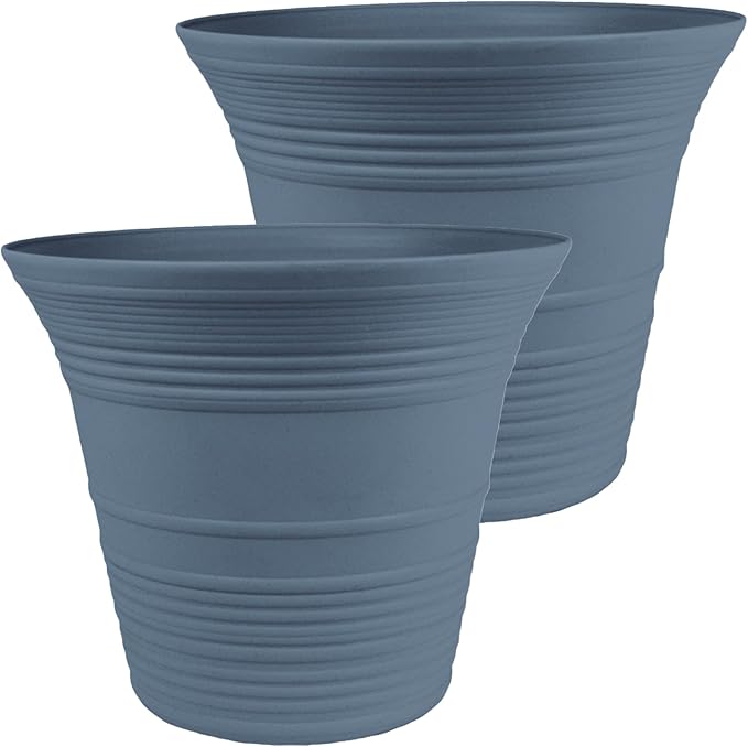 The HC Companies 12 Inch Sedona Round Self Watering Planter Pots, Lightweight UV-Resistant Plastic Indoor & Outdoor Planters, 2-Pack Flower Pots for Garden & Home Decor, Slate Blue