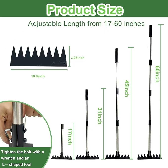Weed Puller Tool Stainless Steel 8 Tines Manual Weeder Tool with Adjustable Length Handle, Weeder Rakes for for Yard, Patio, Lawn and Garden