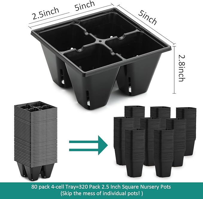 80 Pack Reusable 4-Cell Seed Starter Tray for Seedlings, Easy Watering Seed Starting Trays with Drainage Holes for Seed Germination and Plant Start, Fits Standard 1020 Trays, Black