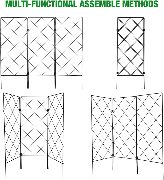 DOITOOL Metal Garden Trellis for Climbing Plants Outdoor, 3 Panel Black Wrought Iron Lattice Folding Trellis, Freestanding Plant Support for Vines Rose Clematis Vegetables, 23.6 X 20.8 Inch