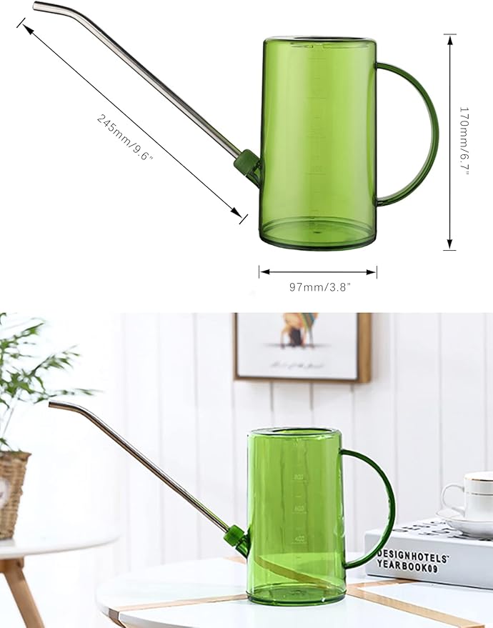 Plastic Watering Can, Plant Watering Can with Stainless Steel Long Spout, 1L/34oz Clear Measurement Markings Long Spout Watering Can for Indoor Plants, House Plants and Flowers Easy Fill-Green