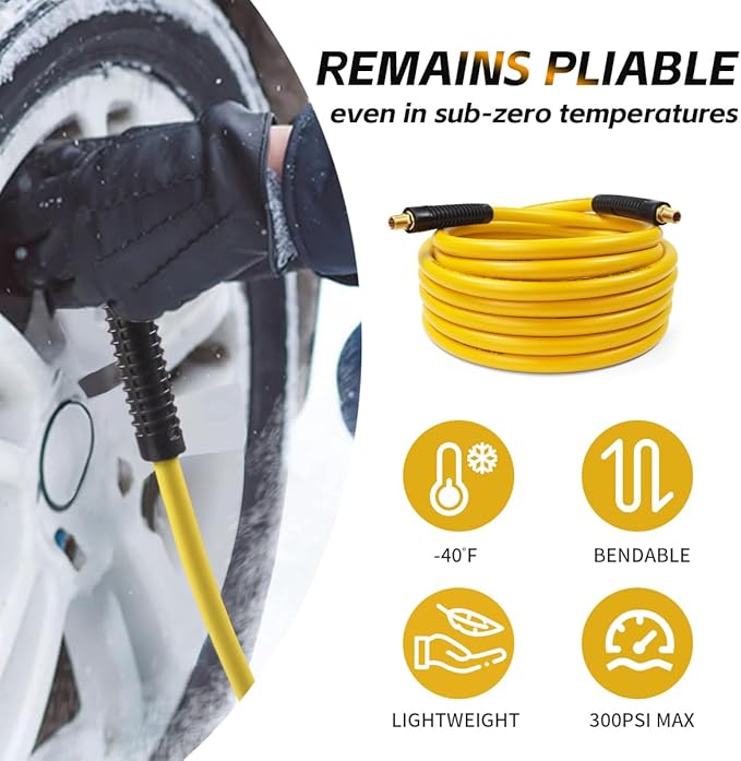 MaxWorks 80788 Hybrid Polymer Air Hose – 3/8-Inch x 50-Foot, 300 PSI – All-Weather Flexible, Kink-Resistant, Lay-Flat Design with Solid Brass Fittings and Bend Restrictors (High-Visibility Yellow)