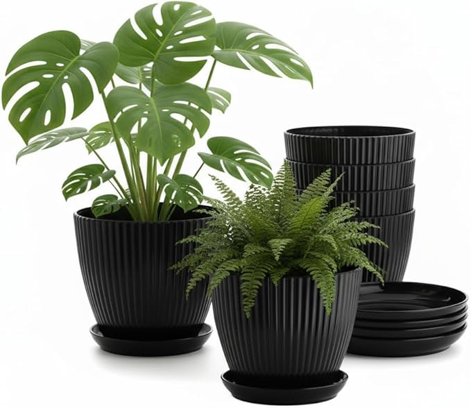 RooTrimmer 7.5 Inch Black Thickened Plastic Plant Pots with Saucers, 6-Pack Modern Seedling Planters for Indoor Outdoor Plants, Durable Heavy-Duty PP Material for Herbs Flowers Vegetables (＜8 inch)