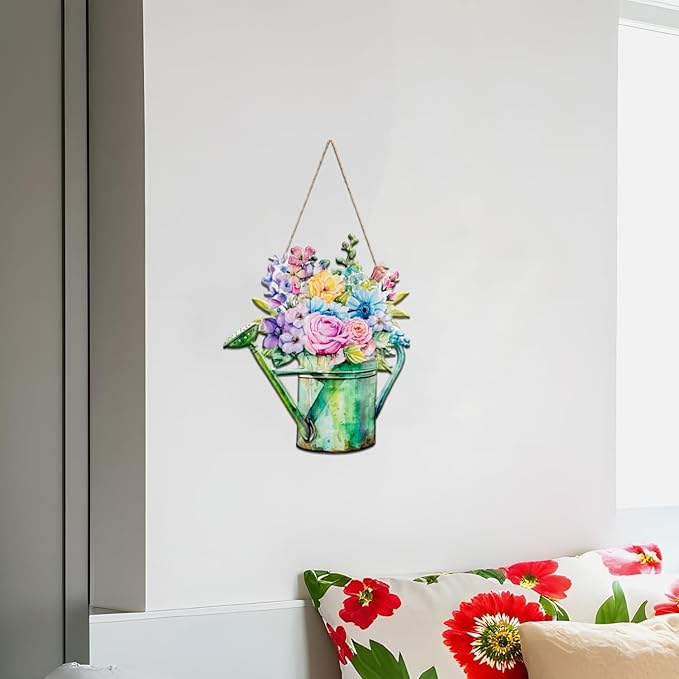 Quterhero Watering Can Flower Wall Decor, Metal Hanging Art for Indoor Outdoor Wall or Porch, Vintage Farmhouse Porch Decor Gift for Mom, Women, Friends(Cherry Blossom)