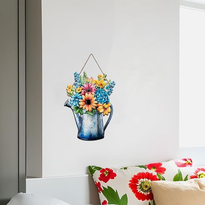 Quterhero Watering Can Flower Wall Decor, Metal Hanging Art for Indoor Outdoor Wall or Porch, Vintage Farmhouse Porch Decor Gift for Mom, Women, Friends(Chrysanthemum)