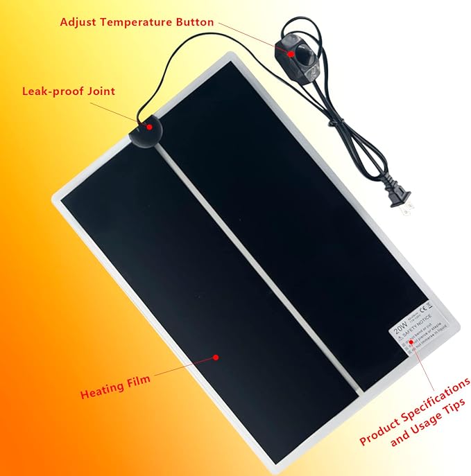Reptile Heating Mat, 2PCS Reptile Heating Pad with Temperature Adjustment for Reptiles Tortoise Snakes Lizard Gecko Hermit Crab Amphibians - Removable Terrarium Heat Mats(20W,11x16.5 inches)