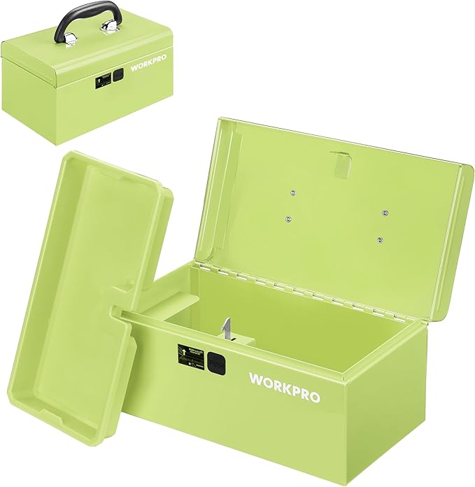 WORKPRO 10.8" Portable Mini Metal Tool Box with Removable Color-Matching Tray, One-Button Latch Toolbox, Steel Tool Chest with PP Handle, Compact Storage Organizer for Home, Office or Workshop