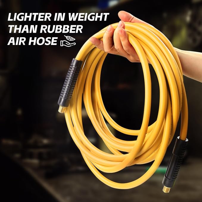 MaxWorks 80788 Hybrid Polymer Air Hose – 3/8-Inch x 50-Foot, 300 PSI – All-Weather Flexible, Kink-Resistant, Lay-Flat Design with Solid Brass Fittings and Bend Restrictors (High-Visibility Yellow)