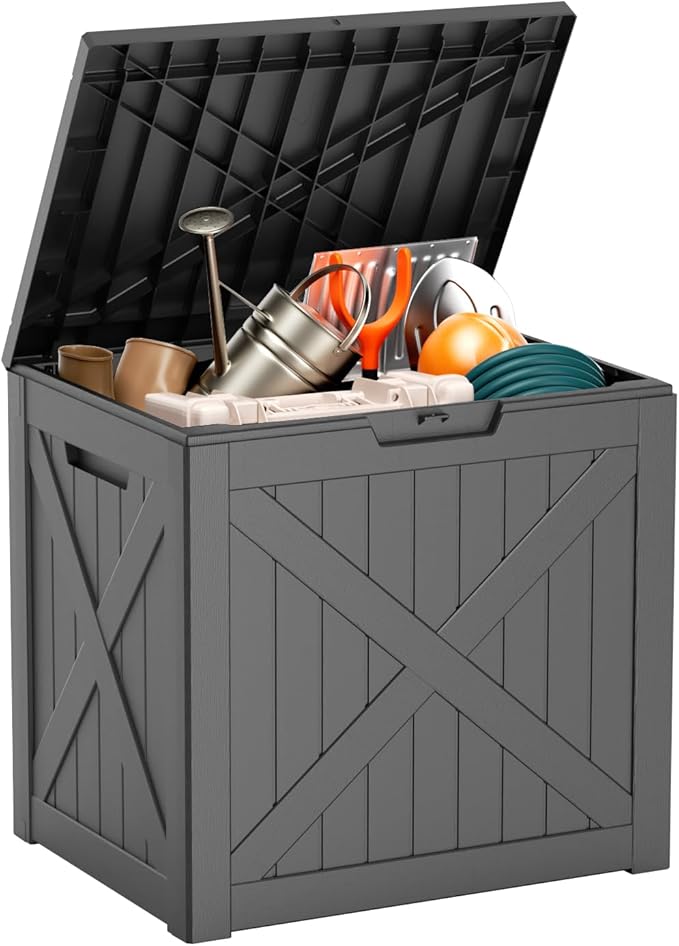 Vixzen 32 Gallon Resin Deck Box - Lockable Outdoor Storage for Patio Cushions, Garden Tools, Pool Supplies（Black，32 Gallon）