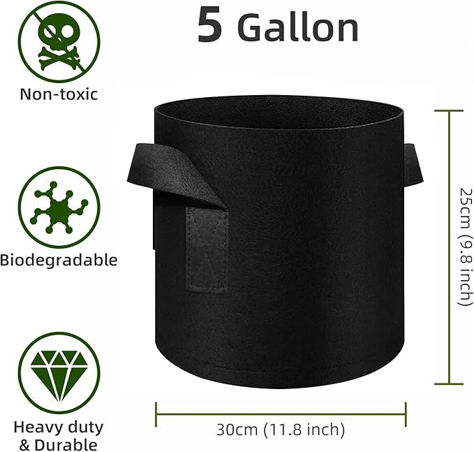 24 Pack 5 Gallon Plant Grow Bags, Thickened Nonwoven Fabric Pots with Handles, Vegetable Planter Bags Containers, Cloth Planters for Garden Vegetable/Flower/Plant/Fruits Outdoor (Black)