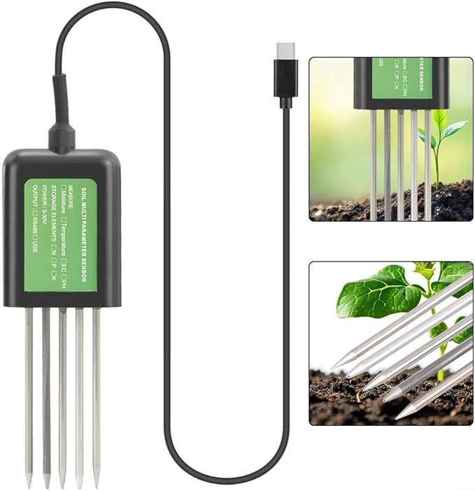 USB Soil Sensor 7-in-1 Tester For Moisture, Soil Analysis Tool, Temperature, PH & NPK Nutrients - IP68 Digital Meter For Agriculture, Gardening & Research Farming, Floriculture