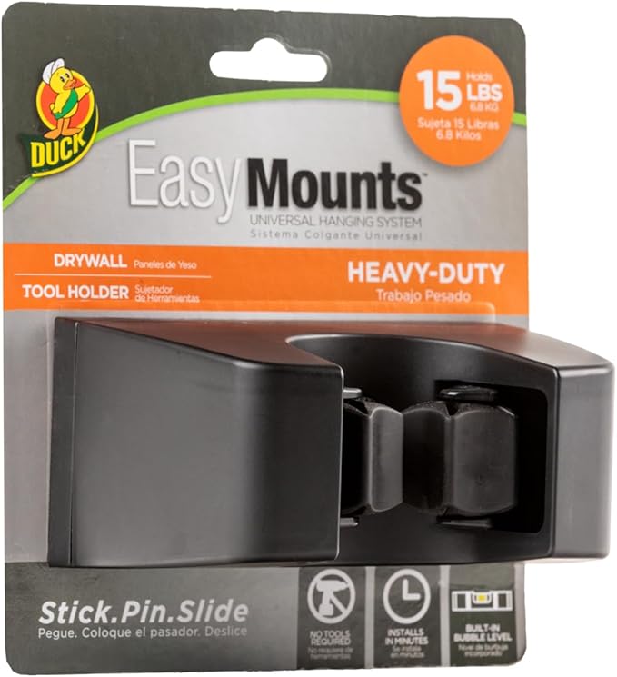 Duck EasyMounts Mop and Broom Holder - Heavy Duty Wall Mount Rack for Home Organization and Storage - No Tool Install - Holds Up to 15 lbs - Black, Pack of 1 Hook & All Hanging Hardware