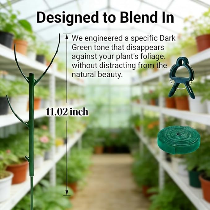Tree Branch Plant Support Stakes – Stackable Plant Support Sticks with Clips & Velcro Tie – Natural Aesthetic Extendable Trellis for Indoor Plants, Monstera, Pot (Green-12 Pack)