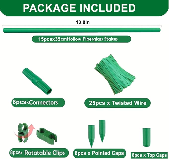 15Sets Garden Stakes Set 72PCS with Fiberglass Plant Stakes Sticks Supports and Accessories, DIY 4ft 5ft 6ft 7ft Tomato Stakes for Tomato,Vegetables, Pepper, Indoor Outdoor Spring Plants