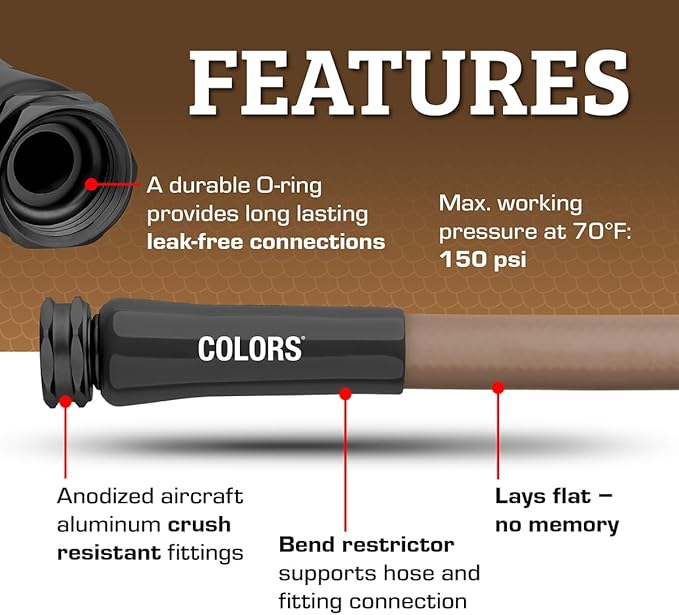 Flexzilla Colors Lead-In Garden Hose 5/8in. x 10ft., Lightweight All-Weather Water Hose, Durable and Flexible, Leak-Free Connections, Brown Mulch