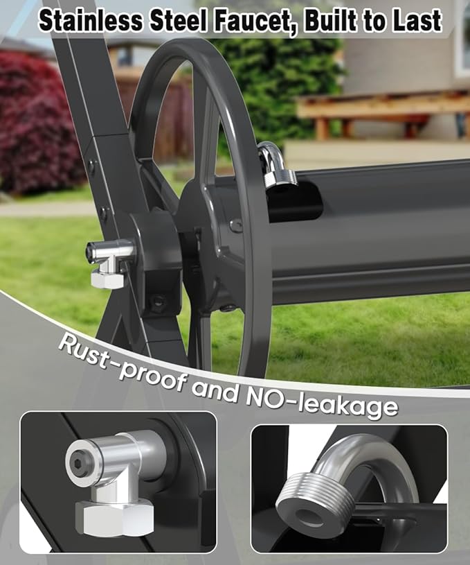 Garden Hose Reel Cart with Wheels, Outdoor Heavy Duty Powder-coated Steel Water Storage Winder Holder, Holds 125 ft of 5/8’’ Hose with 3.9 Ft Leader Hose for Outside Lawn Yard, Black