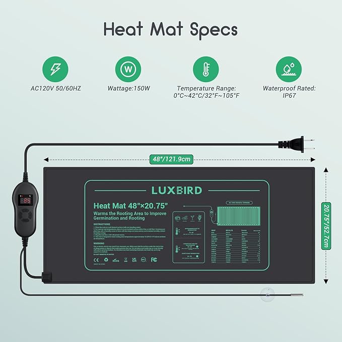 LUXBIRD Seedling Heat Mat with Thermostat, 48" x 20.75" Larger Size for More Plants, Ideal for Indoor Planting, Germination, Home Brewing, Terrarium and Aquarium Heating