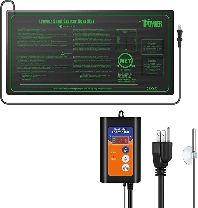 iPower 40-108 Degrees Fahrenheit Digital Heat Mat Thermostat Controller and 10" x 20" Hydroponic Seeding Warm Pad Plant Starting Kit Combo