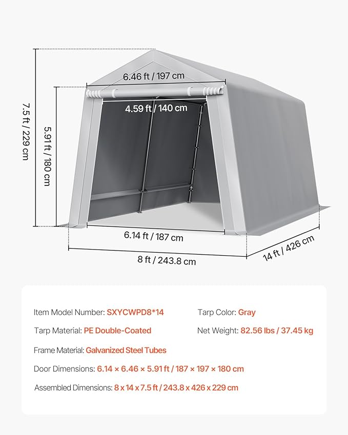 VEVOR Portable Outdoor Storage Shelter Shed, 8 x 14 x 7.6 ft Heavy Duty Instant Storage Tent Garage Sheds with Roll-up Zipper Door for Motorcycle, Bike, Garden Tools