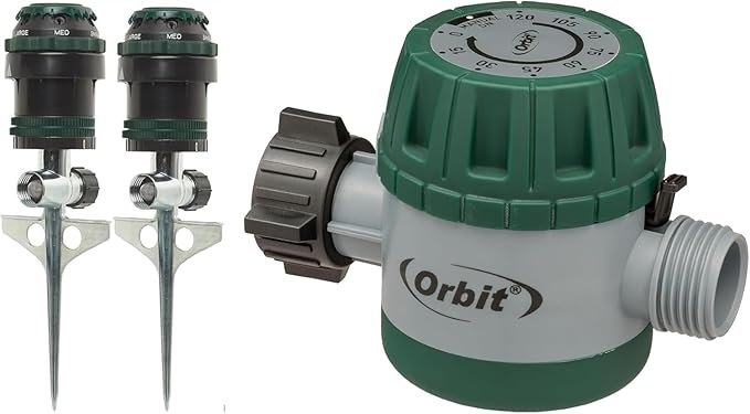2-Pack H2O-Six Gear-Drive Sprinkler on Metal T-Spike & Mechanical Water Timer for Lawn and Garden Watering