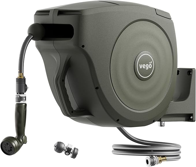 Vego Garden Hose Reel Retractable 1/2" x 100ft Wall Mounted Hose Reel Automatic Rewind, Any Length Lock with 9 Patterns Sprayer Nozzle, Quick Connector and Adjustable shot Nozzle