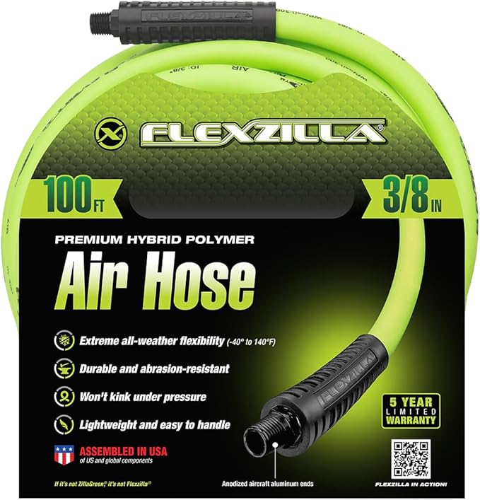 Flexzilla Air Hose, 3/8 in. x 100 ft., 1/4 in. MNPT Fittings, Heavy Duty, Lightweight, Hybrid, ZillaGreen - HFZ38100YW2