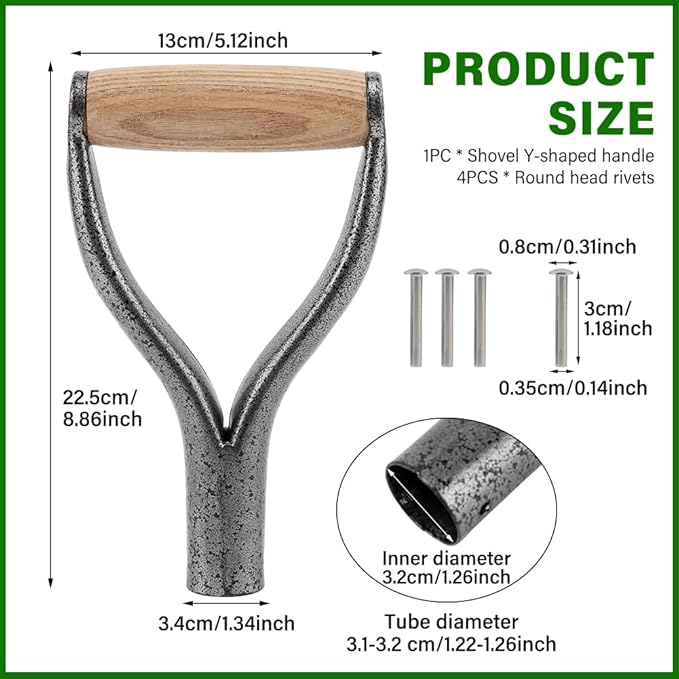 Shovel D Grip Handle, 32mm Inner Diameter Metal Shovel Replacement Handle with Wooden Grip Spade Snow Scoop Digging Raking Tools with 4 Rivets for Digging Raking