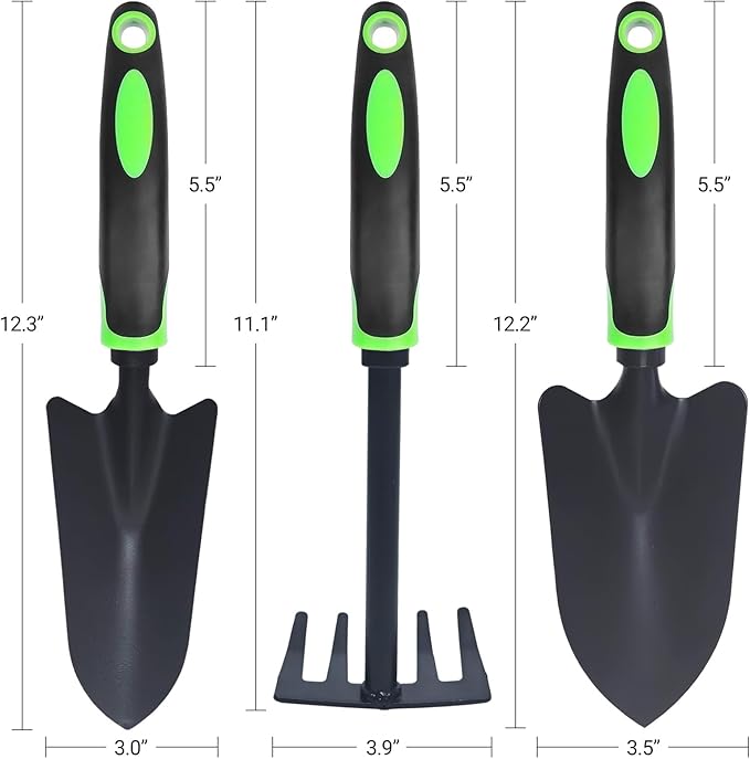 Garden Tools Set, 3 Pack Heavy Duty Gardening Kit Including Garden Shovel, Transplant Trowel and Hand Rake, Ideal for Digging, Weeding and Planting