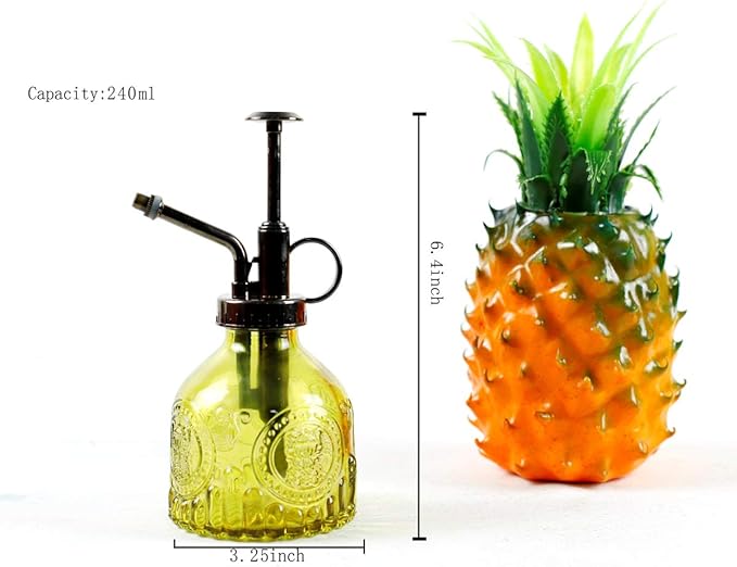 Hniuyun Glass Plant Mister Spray Bottle, 6.4 all Vintage Plant Spritzer Watering Can, Bronze Plastic Top Pump, Plant Mister Glass Watering Garden Tool (Yellow)