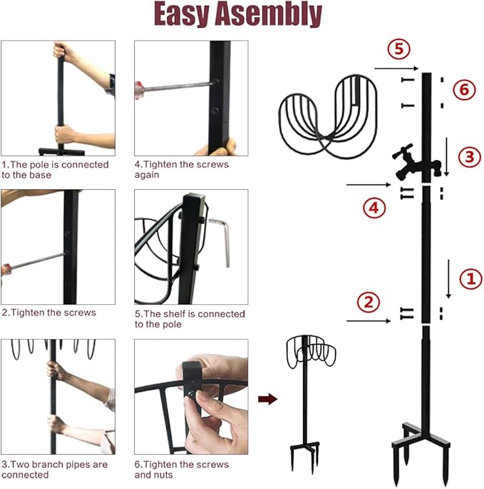 Freestanding Garden Hose Holder Stake with Brass Faucet, Heavy Duty Metal Water Pipe Storage Stand Rack for Outdoor