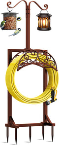 Garden Hose Holder - Upgraded Water Hose Holders for Outside with 5 Spikes & 2 Shepherds Hooks, Freestanding Hose Stand Hose Hanger Hose Storage Hose Reel Rack for Yard Lawn(Brown)