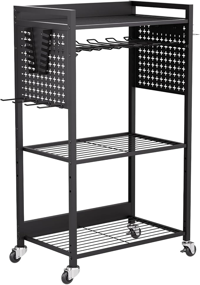 VEVOR 4-Tier Tool Organizer Cart, 150 lbs Load Capacity, Floor Stand Rolling Drill Holder and Stability Storage Rack, Heavy Duty Garage Floor Rolling Storage Cart for Workshop, Garage, Black