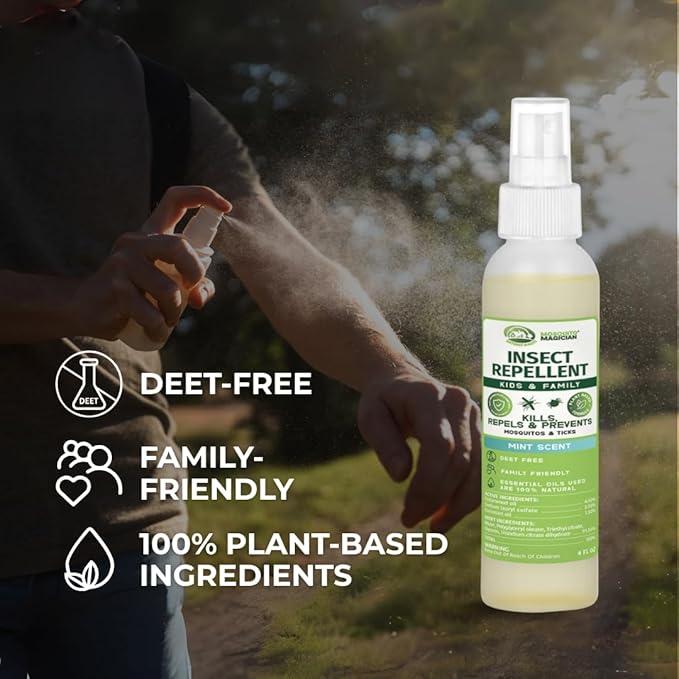 Mosquito Magician Plant Based Bug Spray for Families – Kid and Pet Safe Spray with Natural Essential Oils. Kills & Repels Mosquitos, Fleas and Ticks. Travel Size for Kids & Family – Lemongrass, 4 OZ