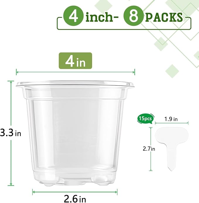 SupKing 4 Inch Clear Plant Nursery Pots 8 Packs Durable Plastic Seed Starters Small Orchid Flower Pots with Drainage Holes for Transplanting Succulents Cuttings Seedlings Bonus 15 Plant Labels