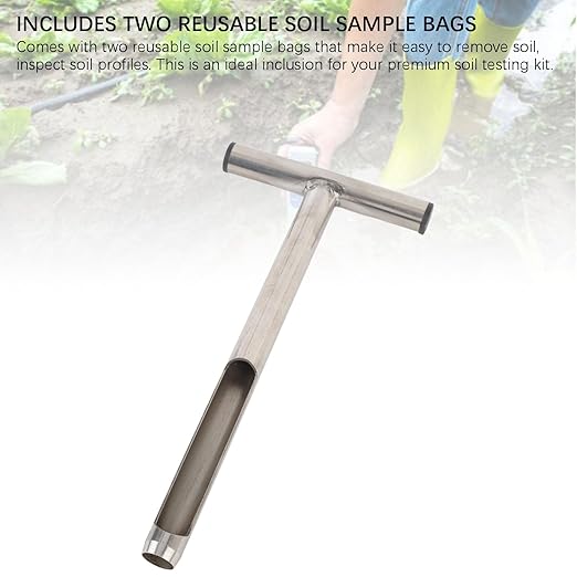 Stainless Steel Soil Sampler | 12in T - Handle Probe for Garden/Lawn/Farm | Portable Soil Test Kit with 2 Reusable Bags | Sturdy Soil Sample Tool