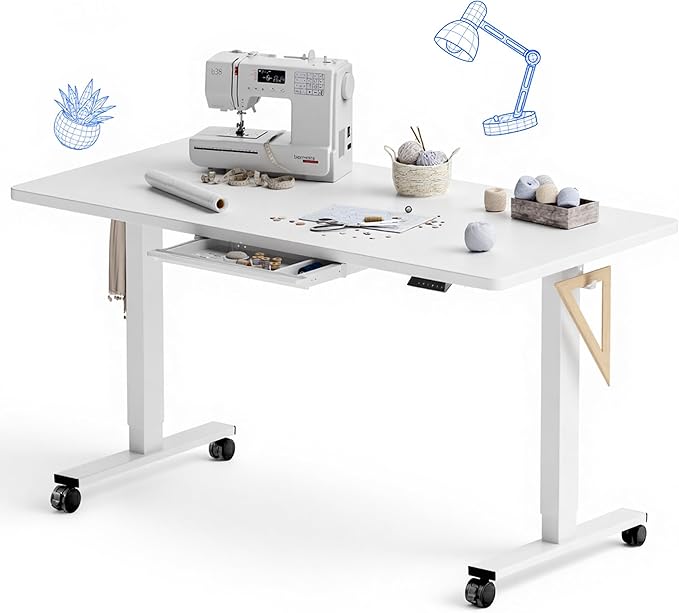 FLEXISPOT Electric Adjustable Workbench, 55x28 Inches Ergonomic Worktable with Drawer and Wheels for Garage, Workshop and Office, Spacious Desktop for Sewing and Crafts, White, 4 Packages