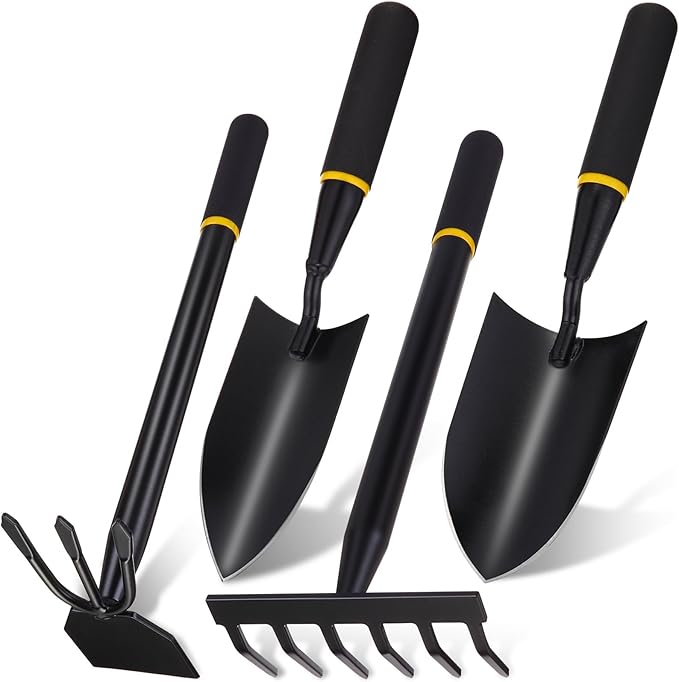4 Pcs Garden Tool Set Gardening Trowel Transplanting Shovel Hand Cultivator Rake Hoe Tiller Tool Heavy Duty Stainless Steel for Outdoor Patio Use Gardening Cultivating Loosening Weeding