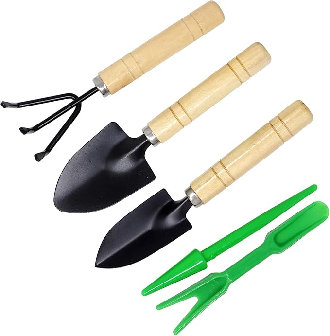 Honbay 5PCS Mini Garden Tool Hand Planting Tools Small Shovel Rake Spade with Wood Handle Plastic Dig Seedling Tool Hole Puncher for Pot Planting Transplanting and Digging