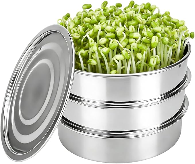 AKAZA 9" Stackable Stainless Steel Seed Sprouting Kit, 3-Tier Mesh Sprouting Tray,1 Base and 1 Cover Lid, Microgreens Propagator for Beans Peas Broccoli Wheat Grass (Clear)