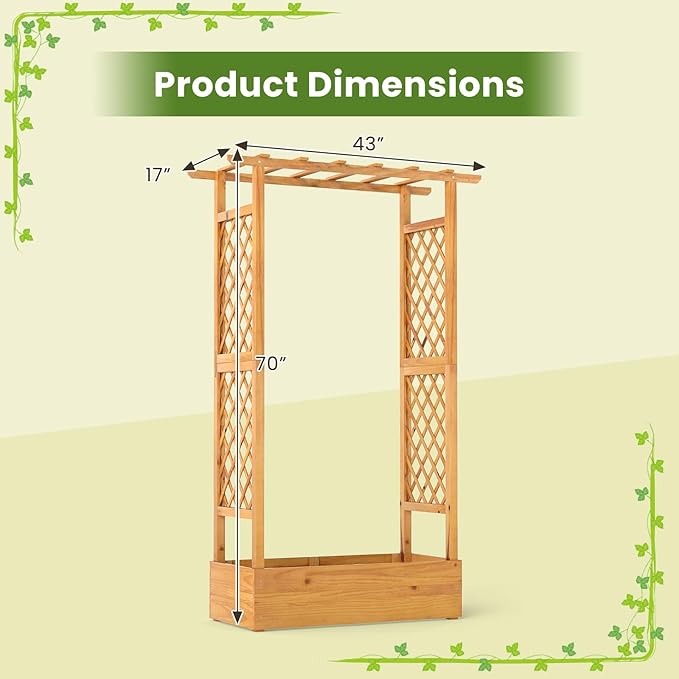 Happygrill 70” Raised Garden Bed with Trellis, Wood Planter Box w/Hanging Roof, 2 Side Trellises, Open-ended Base for Flower, Vegetable, Vine Climbing Plant, Vertical Plant Container for Garden, Patio
