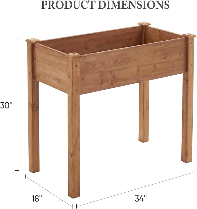 DUMOS Raised Garden Bed with Legs, 34x18x30 Inch Planter Box Outdoor with Liner for Herbs Flowers Vegetables, Elevated Wooden Garden Bed for Patio, Balcony and Backyard, Brown